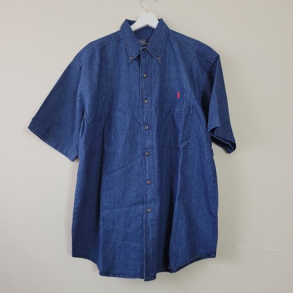 Vintage Polo Ralph Lauren Made in USA denim Button Up Shirt Short Sleeve sz L